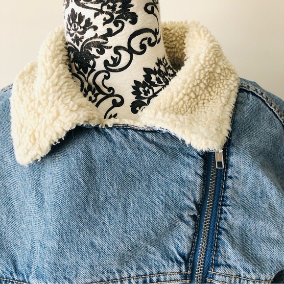 Garage Shearling Sherpa Denim Jean Jacket Asymmetrical Zip S - Picture 7 of 10